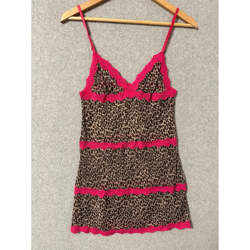 Vtg Y2K Rampage Intimates Leopard Print Mesh Camisole Slip Dress Hot Pink Lace S